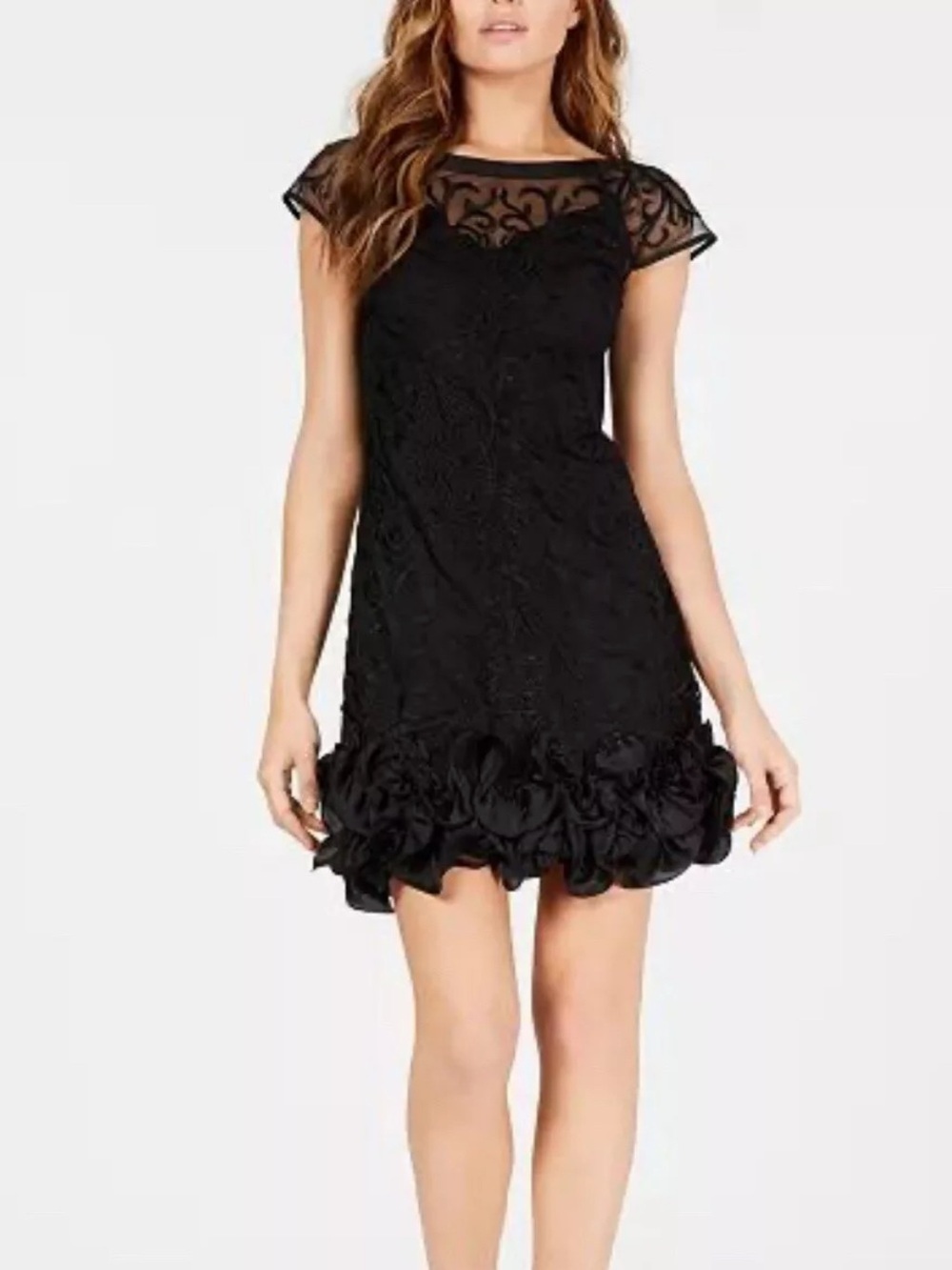 Jessica Simpson Black Lace Shift Dress with Rosette Hem